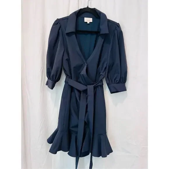 Cinq à Sept Women's Navy Vickie Puff-Sleeve Ruffled Mini Wrap Dress Size 10 NWOT - Picture 5 of 10